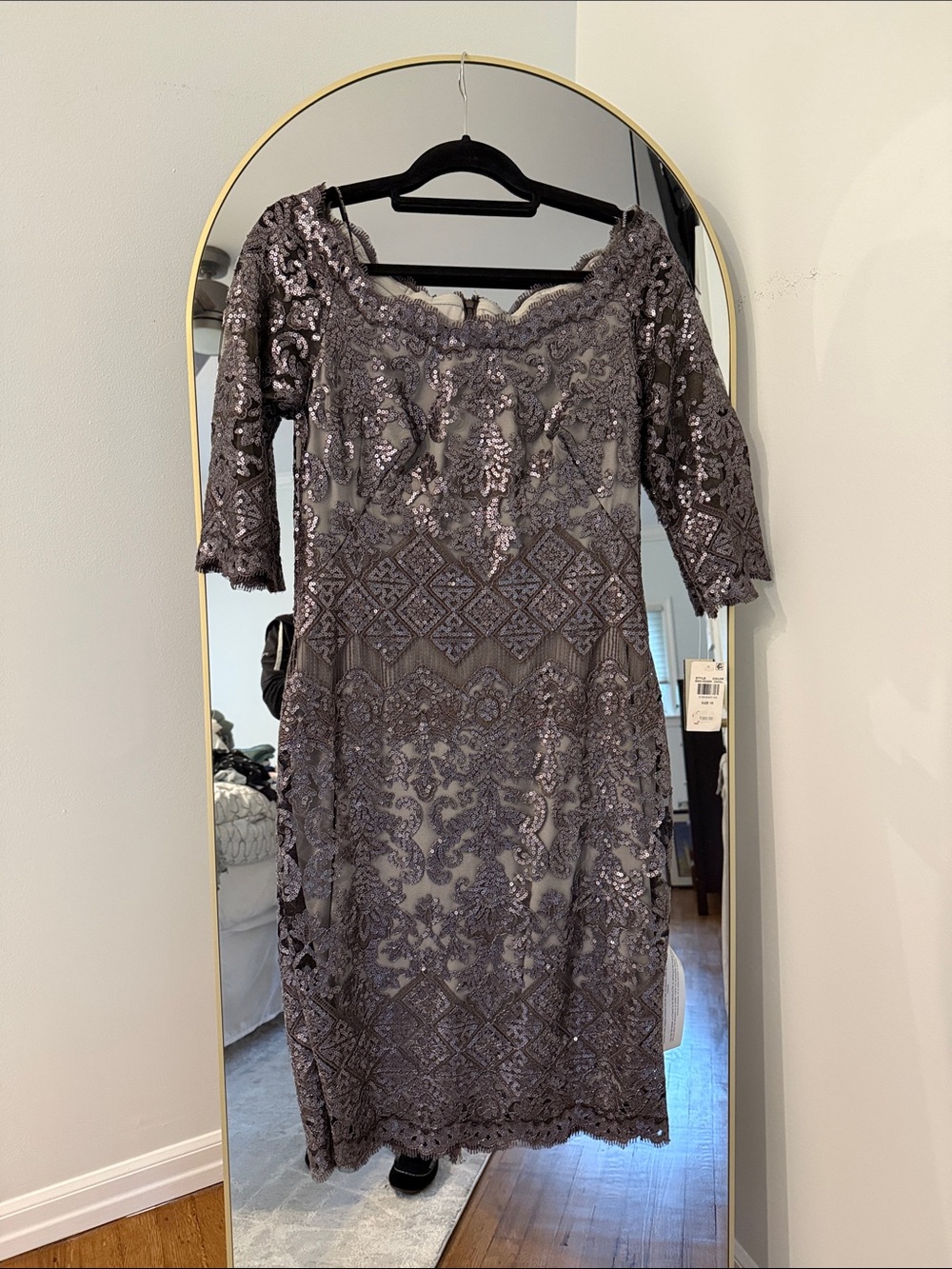 Elegant Lace & Sequin Midi Dress in Charcoal Gray